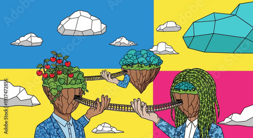 Joyful duet of men in suits with plant heads playing a beige string instrument in a colorful quadrant backdrop