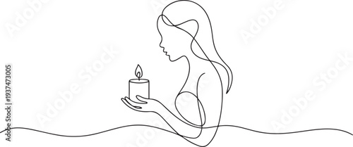 Woman with a candle in a modern single line art style. Human hands holding a memory candle in the hands. Continuous one line drawing for home decor outline. one line Icon drawing