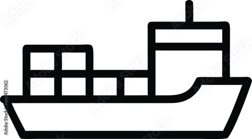 Simple black outline icon of a container ship carrying multiple cargo containers for global trade
