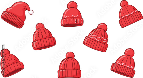 Winter Knitted Hat Collection Illustration with Red Beanies and Pom Pom Caps, Warm Winter Clothing Accessory Set for Cold Weather Design