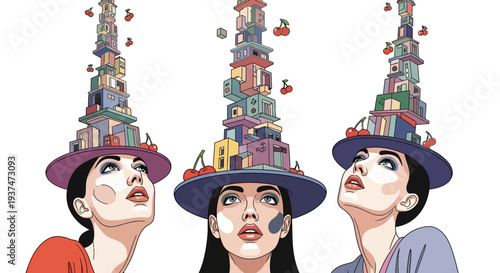 Playful women showcase colorful stacked hat books in studio portrait