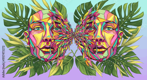 Faces and Leaves in a Colorful Kaleidoscope Landscape – Serene Illustration View