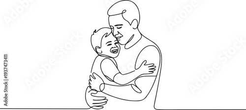 One line drawing. Father holds his happy son. Vector illustration. one line Icon drawing