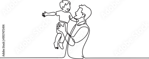 One line drawing. Father holds his happy son. Vector illustration. one line Icon drawing