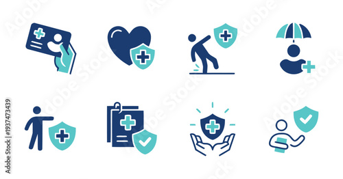 Healthcare and medical insurance icons depicting health card, heart protection, and injury coverage