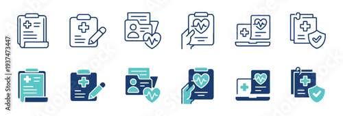 Healthcare medical icons with clipboard patient records and heart health
