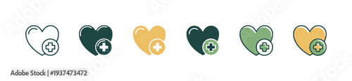 Heart icons with plus symbol and cross, representing health, love, and adding favorites