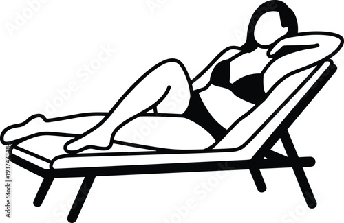 Black and white illustration of person reclining on lounge chair in swimsuit, relaxed pose artwork symbolizing leisure, vacation, sunbathing, poolside, and beach relaxation design