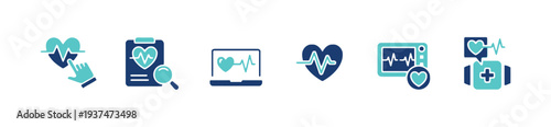 Heartbeat cardiogram icons with hand laptop and medical devices