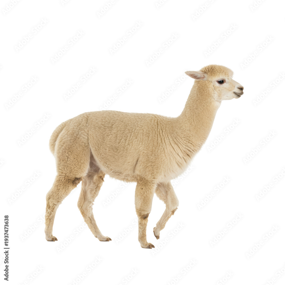 Naklejka premium a mature huacaya alpaca with dense, perfectly groomed cream wool takes a deliberate step in a high-key studio environment, isolated on transparent, elegant animal isolation concept