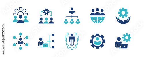 Icons for team management, organization structure and global cooperation