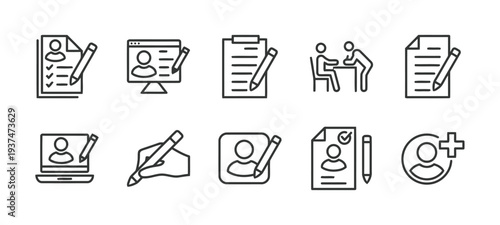 Icons related to registration, application, and interviews