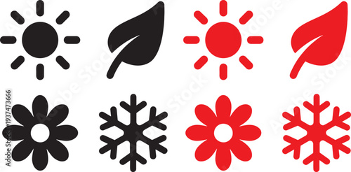 Icons representing seasons and weather, sun, leaf, flower, snowflake