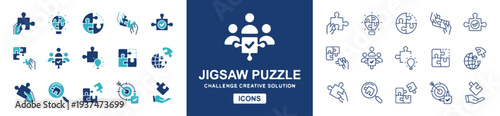 Jigsaw puzzle icons representing teamwork collaboration problem solving and ideas