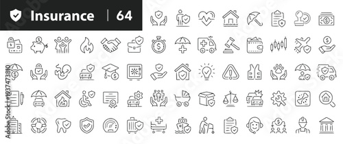 Insurance icon set showcasing various coverage and protection symbols for financial and life security