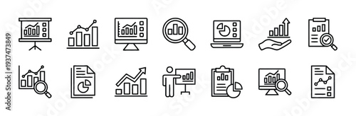 Line art icons for business and finance related to data analysis and reporting