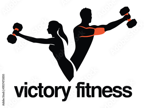 Fitness logo with silhouettes of man and woman exercising with dumbbells, orange accents, black text