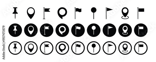 Location pin and flag icons for maps and navigation, markers in different styles