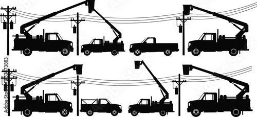 Black and white silhouette illustration of high‑voltage transmission tower connected to utility poles leading toward residential house, symbolizing electricity r 