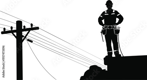 Black and white silhouette illustration of high‑voltage transmission tower connected to utility poles and residential house, symbolizing electricity distribution 