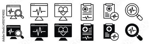 Medical monitoring icons with heart rate, charts and magnifying glass