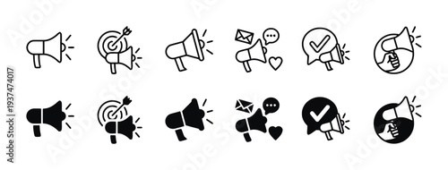 Megaphone and marketing icons for announcement and target achievement