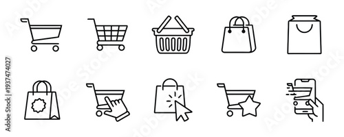 Minimalist black line shopping cart and retail icon collection for web