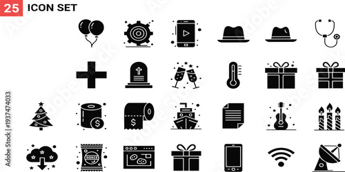 Black Glyph Icon Set with Gift Box, Smartphone, WiFi, Cross, Thermometer, Ship, Guitar, Christmas Tree, and Various Symbol Icons for UI Design