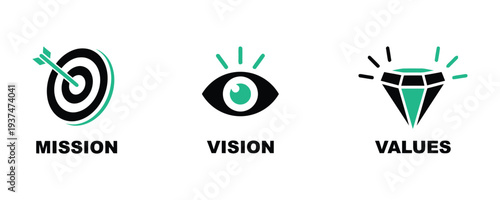Mission vision values icons set for business success strategy plan