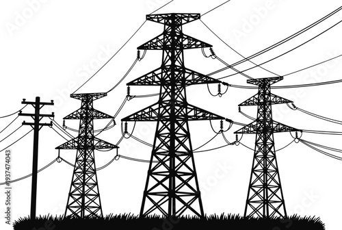 Black and white silhouette illustration of multiple electrical transmission towers and utility pole with crisscrossing high‑voltage power lines representing 
