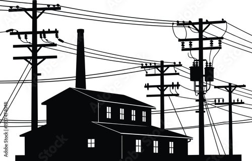 Black and white silhouette illustration of industrial building with chimney, surrounded by utility poles, transformers, insulators, and crisscrossing power lines 