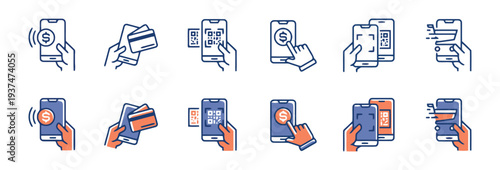 Mobile payment and online transaction icons with a modern style