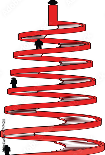 Career Growth Concept Illustration with Red Stair Path, Business People Silhouettes Climbing Steps Toward Success, Leadership Goal Achievement and Professional Development