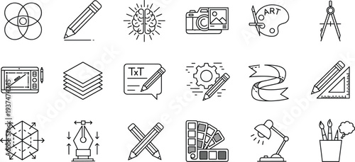 Creative Design and Art Tools Outline Icon Set with Pencil Palette Camera Easel Drawing Tablet and Graphic Design Symbols