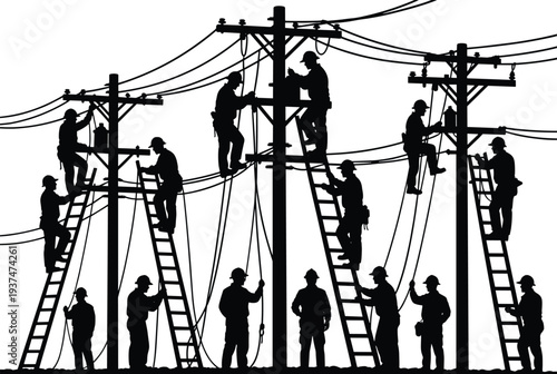 Black and white silhouette illustration of multiple utility workers climbing and repairing electrical poles with safety gear, harnesses, insulators, and wires representing teamwork in essential power 