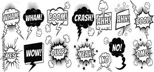 Comic Book Speech Bubble Explosion Collection with Boom, Wham, Crash, Wow, and OMG Sound Effect Text for Pop Art Vector Illustration