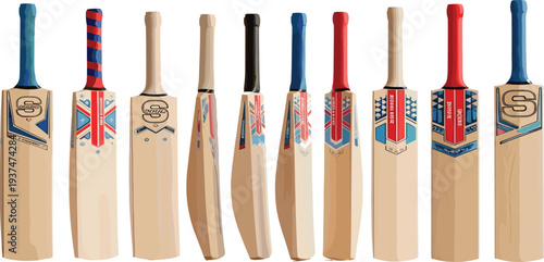 Cricket Bat Collection with Modern Sports Equipment Designs Featuring Different Handles and Branding Styles for Professional Game Gear Vector Illustration