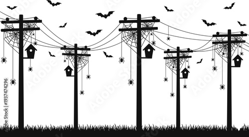Black and white silhouette illustration of utility poles with spider webs, bats, and birdhouses, combining spooky Halloween atmosphere with urban infrastructure and creative design elements