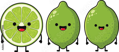 Cute Kawaii Lime Character Collection with Whole Lime, Lime Slice, and Happy Citrus Fruit Mascots for Fresh Food Cartoon Vector Illustration