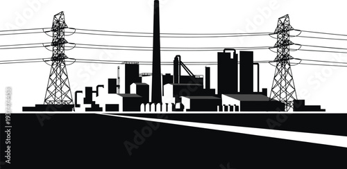 Black and white silhouette of industrial complex with factory buildings, chimneys, and electricity transmission towers connected by power lines representing energy generation and distribution 