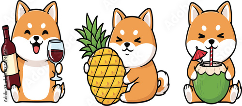 Cute Shiba Inu Dog Character Collection with Wine Glass, Pineapple, and Coconut Drink in Kawaii Cartoon Style for Fun Vector Illustration Designs