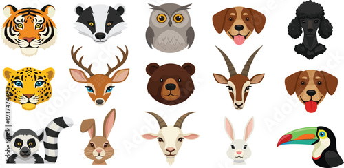 Diverse Animal Head Icon Set Featuring Tiger, Owl, Dog, Deer, Bear, Toucan, and Lemur for Children's Educational Apps, Avatars, and Wildlife Learning Materials