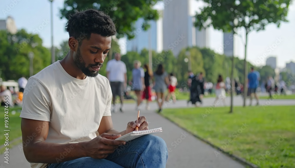 Obraz premium Focused young man using tablet in a vibrant city park.