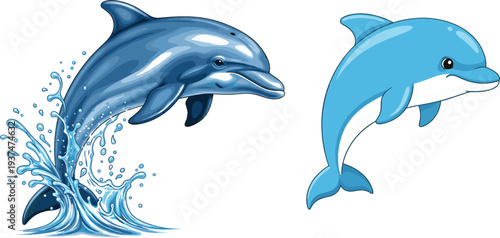 Dynamic Jumping Dolphin Vector Set Featuring Realistic Blue Dolphin with Water Splashes and Flat Cartoon Style Dolphin Icon for Summer Sea Life Designs