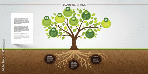Eco Infographic Tree Design with Green Leaves Roots and Circular Steps for Sustainability Presentation Environmental Growth Concept and Business Process Visualization Template