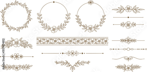 Elegant Floral Frame and Divider Collection with Vintage Botanical Wreaths, Decorative Borders, and Ornamental Line Elements for Wedding Invitation Design