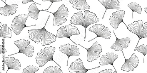 Elegant Ginkgo Biloba Leaf Seamless Pattern with Detailed Line Art Illustration on White Background for Luxury Packaging, Textiles, and Botanical Wallpapers