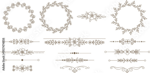 Elegant Floral Wreath and Divider Set with Vintage Botanical Frames Ornaments and Decorative Borders for Wedding Invitation Logo and Branding Design