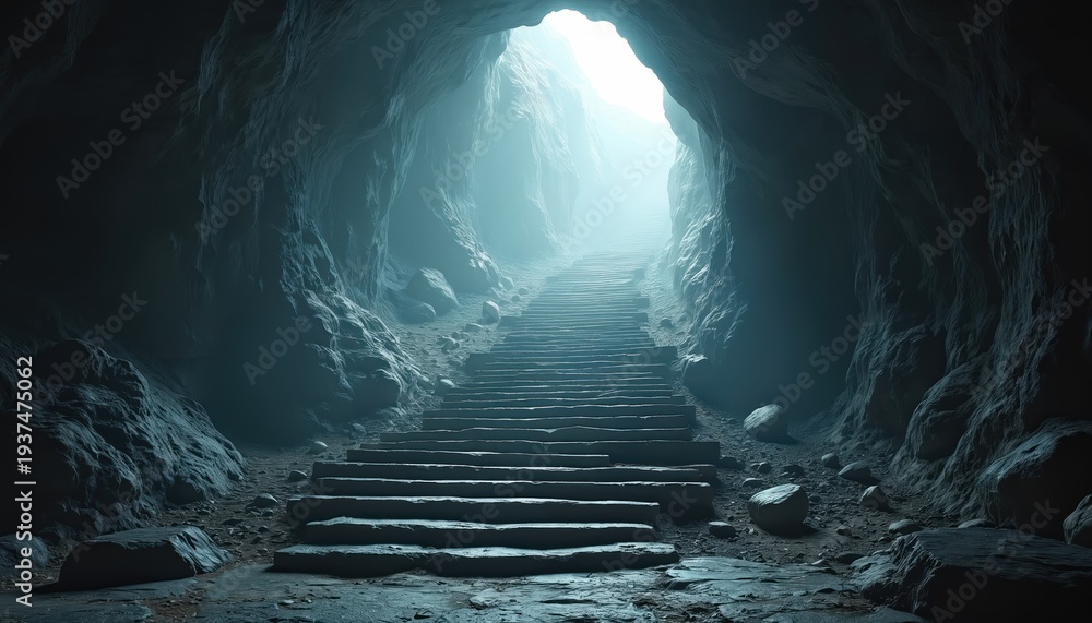 Fototapeta premium Stone stairs ascend from dark cave floor towards bright exit light. Rocky passage leads upward into a glowing opening. Mystery and adventure await beyond this cavern.