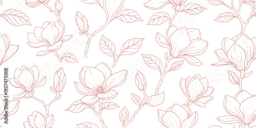Elegant Magnolia Flower Line Art Seamless Pattern with Botanical Branches and Leaves, Floral Outline Background for Textile, Wallpaper, Packaging, and Decorative Design
